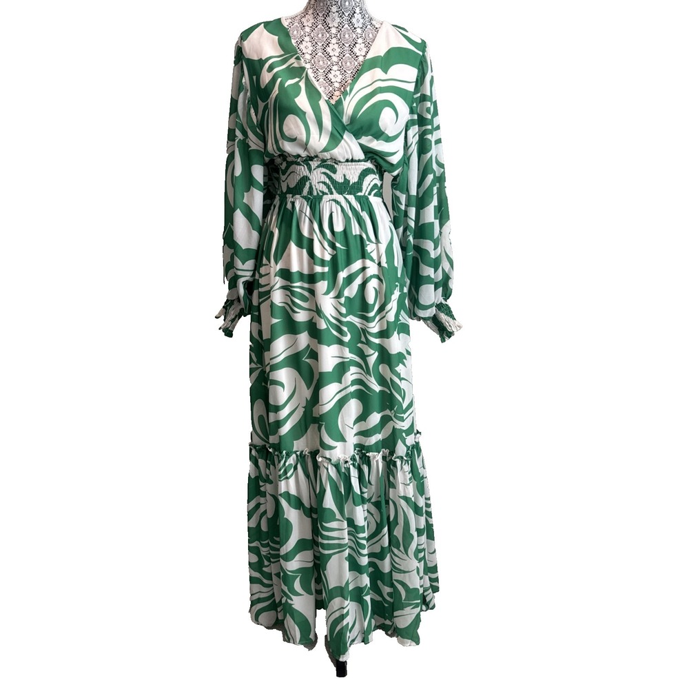 Flying‎ Tomato green Print Maxi Dress Size S Boho Ruffle Balloon Smocked Sleeves
